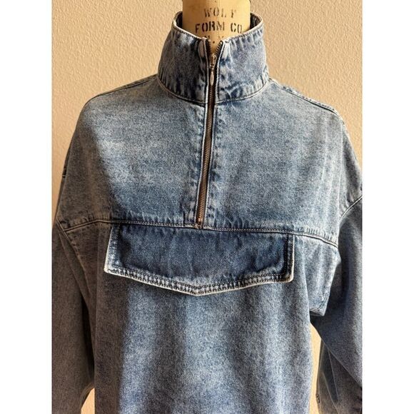 Boohoo Blue Acid Washed Pullover Jean Jacket 3/4 Zip Sz 6 EUC - Picture 2 of 5